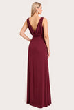 Burgundy Sheath Cowl Neck Bridesmaid Dress with Slit