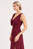 Burgundy Sheath Cowl Neck Bridesmaid Dress with Slit