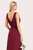 Burgundy Sheath Cowl Neck Bridesmaid Dress with Slit