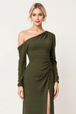 Olive One Shoulder Long Sleeve Bridesmaid Dress