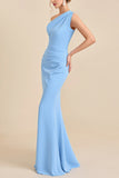 Sky Blue Satin Mermaid One Shoulder Bridesmaid Dress