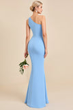 Sky Blue Satin Mermaid One Shoulder Bridesmaid Dress