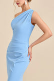 Sky Blue Satin Mermaid One Shoulder Bridesmaid Dress