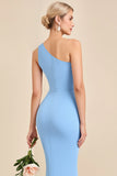 Sky Blue Satin Mermaid One Shoulder Bridesmaid Dress