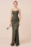 Olive Green Ruched Bridesmaid Dress with Slit