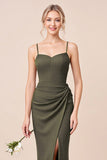 Olive Green Ruched Bridesmaid Dress with Slit