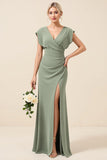 Eucalyptus Wrap V Neck Bridesmaid Dress with Slit