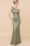 One Shoulder Eucalyptus Satin Bridesmaid Dress