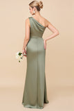 One Shoulder Eucalyptus Satin Bridesmaid Dress