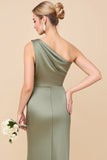 One Shoulder Eucalyptus Satin Bridesmaid Dress