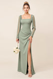 Eucalyptus Chiffon Sheath Long Sleeve Bridesmaid Dress with Slit