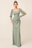 Eucalyptus Chiffon Sheath Long Sleeve Bridesmaid Dress with Slit