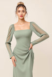 Eucalyptus Chiffon Sheath Long Sleeve Bridesmaid Dress with Slit