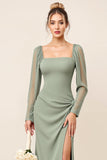 Eucalyptus Chiffon Sheath Long Sleeve Bridesmaid Dress with Slit