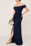 Off the Shoulder Ruched Sheath Navy Bridesmaid Dress with Slit