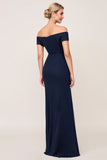 Off the Shoulder Ruched Sheath Navy Bridesmaid Dress with Slit