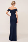 Off the Shoulder Ruched Sheath Navy Bridesmaid Dress with Slit