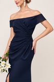 Off the Shoulder Ruched Sheath Navy Bridesmaid Dress with Slit