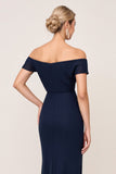 Off the Shoulder Ruched Sheath Navy Bridesmaid Dress with Slit