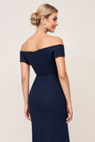 Off the Shoulder Ruched Sheath Navy Bridesmaid Dress with Slit