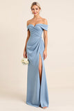 Off The Shoulder Ruched Long Dusty Blue Bridesmaid Dress