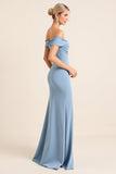 Off The Shoulder Ruched Long Dusty Blue Bridesmaid Dress