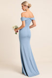 Off The Shoulder Ruched Long Dusty Blue Bridesmaid Dress