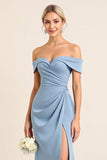 Off The Shoulder Ruched Long Dusty Blue Bridesmaid Dress