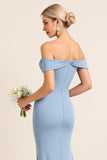 Off The Shoulder Ruched Long Dusty Blue Bridesmaid Dress