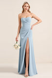 Dusty Blue Sheath Strapless Bridesmaid Dress With Slit