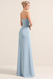 Dusty Blue Sheath Strapless Bridesmaid Dress With Slit