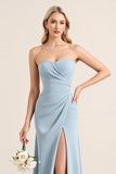 Dusty Blue Sheath Strapless Bridesmaid Dress With Slit