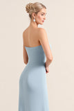 Dusty Blue Sheath Strapless Bridesmaid Dress With Slit