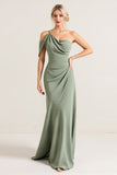 One Shoulder Sheath Long Olive Green Bridesmaid Dress