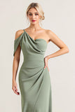 One Shoulder Sheath Long Olive Green Bridesmaid Dress