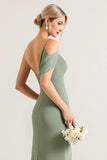 One Shoulder Sheath Long Olive Green Bridesmaid Dress