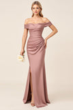 Dusty Rose Mermaid Off The Shoulder Satin Bridesmaid Dress With Slit