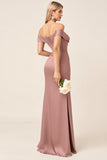 Dusty Rose Mermaid Off The Shoulder Satin Bridesmaid Dress With Slit