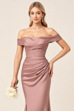 Dusty Rose Mermaid Off The Shoulder Satin Bridesmaid Dress With Slit