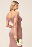 Dusty Rose Mermaid Off The Shoulder Satin Bridesmaid Dress With Slit