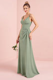 Eucalyptus A Line V-Neck Long Bridesmaid Dress