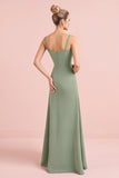 Eucalyptus A Line V-Neck Long Bridesmaid Dress