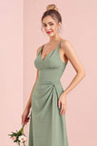 Eucalyptus A Line V-Neck Long Bridesmaid Dress