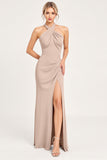 Halter Cut Out Sheath Candy Pink Bridesmaid Dress With Slit