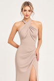 Halter Cut Out Sheath Candy Pink Bridesmaid Dress With Slit