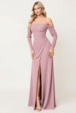 Long Sleeve Off The Shoulder Dusty Rose Bridesmaid Dress With Slit