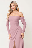 Long Sleeve Off The Shoulder Dusty Rose Bridesmaid Dress With Slit