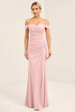 Blush Pink Off The Shoulder Sheath Long Bridesmaid Dress With Slit