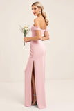 Blush Pink Off The Shoulder Sheath Long Bridesmaid Dress With Slit