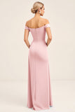 Blush Pink Off The Shoulder Sheath Long Bridesmaid Dress With Slit